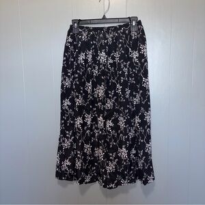 Vintage Leslie Fay Black White Floral Swing Pleated Midi Skirt Small